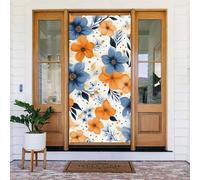 Grande bannière à suspendre avec fleurs bleues et oranges sur fond blanc - Panneau de bienvenue - Panneau de bienvenue - Pour porte et fenêtre - Décoration extérieure saisonnière