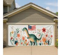 Grande bannière de porte de garage motif dinosaure botanique patriotique vert, décoration de fond de fête d'été en plein air, 397 x 180 cm