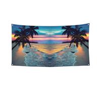 Grande bannière imprimée de hamac de plage en noix de coco et coucher de soleil - Bannière de faveurs de fête d'anniversaire - Décoration à suspendre pour cadeaux de célébration