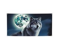 Grande bannière murale personnalisée avec œillets - Motif loup sous la lune - Décoration pour fête d'anniversaire, mariage, extérieur et intérieur - Petite taille