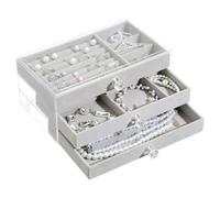 Grande boîte à bijoux à 3 niveaux - Organisateur de bijoux visuel transparent - Rangement pour bagues, colliers, boucles d'oreilles, bracelets - 23,5 x 13,5 x 11 cm - Gris
