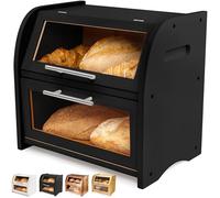 Grande Boîte à Pain Élégante en Bambou avec Deux Étagères, Ouvertures Transparentes et Fentes d'Aération pour Garder le Pain, les Viennoiseries etc Bien Frais. 40 x 26 x 37 à Monter Soi-Même