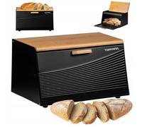 Grande Boîte à Pain Noir en Acier avec couvercle en bambou pour Stockage à Pain