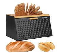 Topfann Grande Boîte à Pain Noir en Acier avec couvercle en bambou pour Stockage à Pain