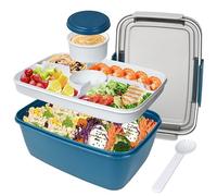 Grande boîte à salade de 2 000 ml pour adultes, bol à salade anti-fuite avec plateau à 5 compartiments, couvercle, pots à vinaigrette, couverts pour travail, pique-nique, aliments, fruits, collation