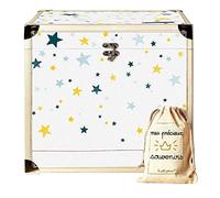 Grande boite à souvenirs 35x35x35 cm avec un pochon coton pour bébé et enfant (Etoiles - jaune/bleu)