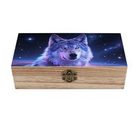 Grande boîte en bois avec couvercle à charnière en forme de loup galaxie faite à la main pour mariage, travaux manuels, bijoux, photos, cadeaux de fête prénuptiale