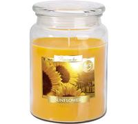 Grande bougie parfumée dans un pot en verre avec couvercle - Durée de combustion : 100 heures - Diamètre : 9,9 cm - Hauteur : 14 cm - Parfum : tournesols