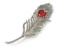 Grande broche en forme de plume de paon en strass Argenté 11,5 cm de long