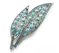 Grande broche/pendentif en forme de feuille de strass bleu clair - 105 mm de long