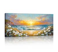 Grande Cadre Bois Impression Sur Toile Paysage Marin Bleu Image Sur Toile Peintures Fleurs Sauvages Mer Vague Coucher Soleil Sur Toile Mural Tableau Decor Murale Salon Chambre prêt accrocher 50x120cm