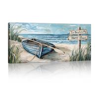 Grande Cadre en Bois Impression Sur Toile Bleu Littoral Paysage Image Sur Toile Peintures Vintage Plage Voilier Sur Toile Moderne Mural Tableau Decoration Murale Salon Chambre prêt accrocher 50x120cm