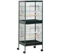 Grande cage à oiseaux sur pied à roulettes - volière double, mangeoires, perchoirs, plateau amovible - vert noir