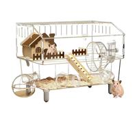 Grande cage en acrylique pour hamster | Habitat double couche transparent pour petit animal domestique 45 × 28 × 34 cm avec base en bois avec accessoires, roue, tunnel, bouteille, support pour gamelle