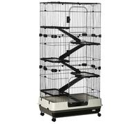 Grande cage enclos lapin - PawHut - 5 niveaux, 3 portes, 5 rampes, plateau amovible et roulettes - 81 x 52,5 x 159 cm - noir et gris