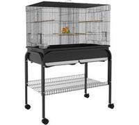 PawHut Grand Cage Oiseaux, Cage Perroquet, volière Oiseaux intérieur extérieur, avec Support, roulettes pour cacatoès Perruche canaris Perroquet, Acier, 85 x 49 x 119 cm, Noir