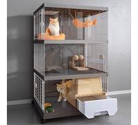 Grande cage pour chat avec bac à litière, enclos intérieur à 3 étages avec roulettes, design ventilé pour 1 à 2 chats