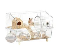 Grande cage pour hamster en acrylique | Habitat pour petits animaux de transparente à double couche 45 × 30 × 33 cm enclos modulaire amovible avec roue de course bouteille d'eau plate-forme de