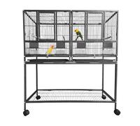 Grande Cage pour Oiseaux en Fer forgé avec Support à roulettes - Cage de vol Noire Durable pour perroquets, perruches et Gris d'Afrique - Inclut perchoirs en Bois et bac Coulissant