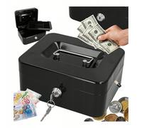 Grande caisse métallique verrouillable avec clé - 20 x 16 x 9 cm. Caisse en acier noir thermolaqué avec plateau amovible, serrure à cylindre et 2 clés. Étui de rangement portable avec poignée de trans