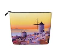 Grande capacité, motif île de Grèce, coucher de soleil, paysage imprimé monocouche imitation lin, trousse de maquillage pour soins personnels, convient pour diverses occasions