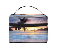 Grande capacité Voyage Sunrise Tropical Palm Tree Island Cosmetic Bag Canvas Ladies Toiletry Bag Multi-Pocket Cosmetic Bag with Handle Christmas Holiday Cosmetic Bag, Noir , Taille unique