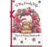 Grande carte de Noël pour femme 26 x 18 cm - « To My Lovely Wife » avec oursons mignons et couronne de canne à sucre d'orge - Motif ruban rouge Happy Christmas - Carte de vœux festive de qualité
