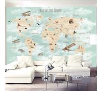 Grande carte du monde de dessin animé 3D pour enfants, papier peint autocollant amovible à décoller et à coller