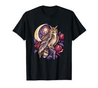 Grande Chouette à Cornes émerge d'une Rosace au Clair de Lune pour T-Shirt
