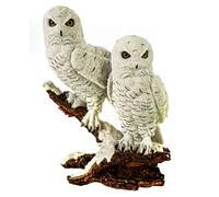 Grande chouette des neiges sur branche de 32 cm - Figurine décorative en forme de chouette peinte à la main - Figurine animale détaillée - Couple d'oiseaux - Sculpture en pierre artificielle en