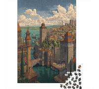 Grande cité médiévale 38x26cm/1000pcs Puzzle pour Adultes - Port et Grande Porte de forteresse,Jouet De DIY