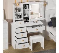 Grande Coiffeuse avec Miroir et Tabouret, 3 Couleurs LED Tricolore avec Luminosité Réglable, Moderne Coiffeuse avec 6 Tiroirs avec 6 Étagères, Facile à Monter