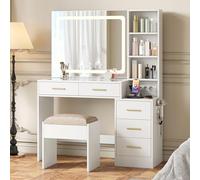 Grande Coiffeuse avec Miroir LED, Prise et Tabouret,3 Luminosité Réglable, Table de Maquillage avec Plateau en Verre, Grand Miroir et Support, Coiffeuse Moderne avec 5 Tiroirs et 4 Étagères