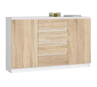 Grande Commode pour le salon AKORD K160 Blanche 160 cm 2 portes 4 tiroirs façade Chêne Sonoma 4 étagères 160x40x99 cm