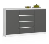 Grande Commode pour le salon AKORD K160 Blanche 160 cm 2 portes 4 tiroirs façade Gris Graphite 4 étagères 160x40x99 cm