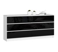 Grande Commode pour le salon AKORD K160 Blanche 160 cm 6 tiroirs façade Noir Brillant 160x40x77 cm