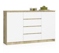 Grande Commode pour le salon AKORD K160 Chêne Artisan 160 cm 2 portes 4 tiroirs façade Blanche 4 étagères 160x40x99 cm