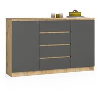 Grande Commode pour le salon AKORD K160 Chêne Artisan 160 cm 2 portes 4 tiroirs façade Gris Graphite 4 étagères 160x40x99 cm