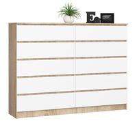 AKORD Commode K-160 avec 10 Tiroirs | Commode Classique pour La Chambre, Salon | Meuble de Rangement | L160 x H121 x P40 cm, Poids 80 kg | Chêne Sonoma/Blanc