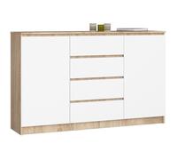 Grande Commode pour le salon AKORD K160 Chêne Sonoma 160 cm 2 portes 4 tiroirs façade Blanche 4 étagères 160x40x99 cm