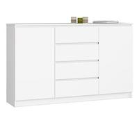 Grande Commode pour le salon AKORD K160 Blanche 160 cm 2 portes 4 tiroirs façade Blanche 4 étagères 160x40x99 cm