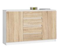 Grande Commode pour le salon AKORD K160 Blanche 160 cm 2 portes 4 tiroirs façade Chêne Sonoma 4 étagères 160x40x99 cm