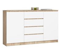 Grande Commode pour le salon AKORD K160 Chêne Sonoma 160 cm 2 portes 4 tiroirs façade Blanche 4 étagères 160x40x99 cm