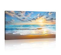 Grande Coucher de soleil Bord de mer Paysage Cadre En Bois Tableau Decoration Murale,Bleu Plage Paysage Marin Art Mural Impression Sur Toile Peintures Salon Chambre Bureau Cuisine Deco Murale 100x50cm