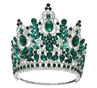 Grande couronne ronde de luxe, reine royale, couronnes de mariage, Costume de Banquet en cristal, accessoires for cheveux(Silver Green)
