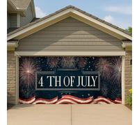 Grande couverture de porte de garage vintage patriotique avec feux d'artifice, bannière traditionnelle pour le jour de l'indépendance, décoration d'été extérieure du 4 juillet, 400 x 180 cm