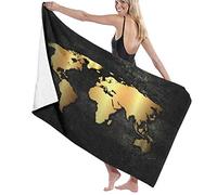 Grande couverture de serviette de bain en microfibre douce, carte du monde dorée dans le style grunge, serviette de plage de drap de bain pour la famille, l'hôtel, les voyages, la natation, les sports