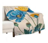 Grande couverture en polaire confortable et pelucheuse de 127 x 177,8 cm, couverture rafraîchissante, bleu et jaune, coquelicot aquarelle plante, jeté de lit doux et confortable, jeté de lit léger et