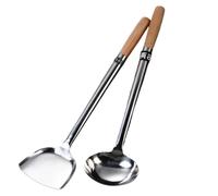 Grande cuillère à frire en acier inoxydable, spatule de cuisine anti-brûlure, manche bois allongé, soupe, ustensile(Spoon-10)