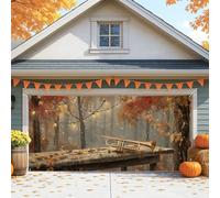 Grande décoration d'automne rustique pour porte de garage avec trompette et feuilles, décoration de fête d'automne extérieure et intérieure, 397 x 180 cm